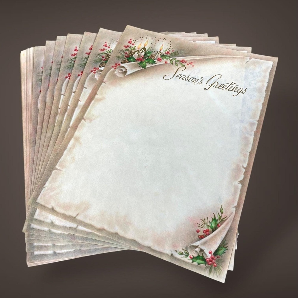 Season's Greetings Christmas Stationery Set OPEN Box 1950s 60s Holly Candle Art - Picture 3 of 10